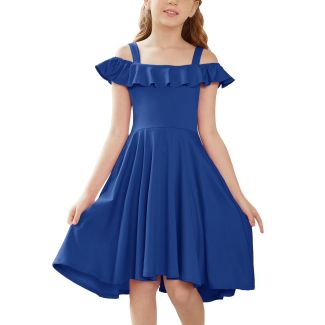 Oudiya Girls Off Shoulder Flutter Sleeve A Line Dress with Pockets RoyalBlue Size 4 5Y