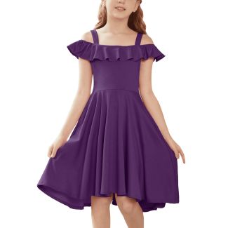 Oudiya Girls Off Shoulder Flutter Sleeve A Line Dress with Pockets Purple Size 4 5Y