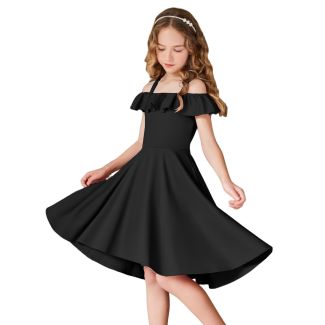 Oudiya Girls Off Shoulder Flutter Sleeve A Line Dress with Pockets Black Size 8 9Y