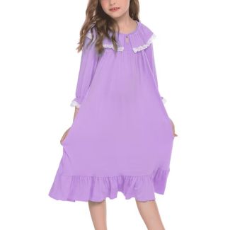 Oudiya Girls Long Sleeve Ruffle Hem Princess Nightgown Lavender Size 4 5Y