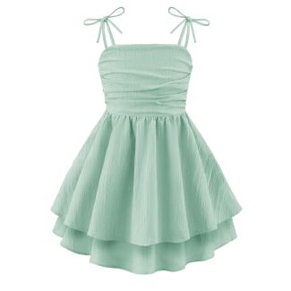 Oudiya Girls Ruched Spaghetti Strap Ruffle Midi Sundress Green Size 6 7Y