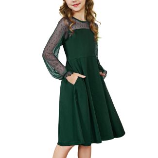 Oudiya Girls Lantern Sleeve Polka Dot Mesh A Line Dress Green Size 6 7Y