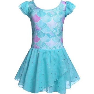Oudiya Girls Ruffle Sleeve Sparkle Ballet Tutu Leotard MediumSeaGreen Size 3 4Y