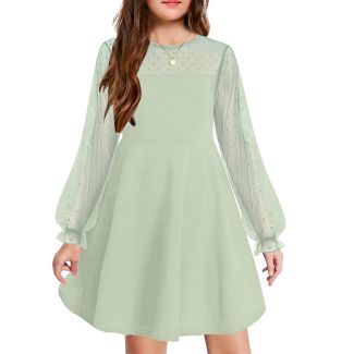 Oudiya Girls Puff Lantern Sleeve Mesh Party Dress with Pockets LightGreen Size 6 7Y