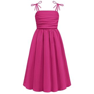 Oudiya Girls Ruched Spaghetti Strap Maxi Sundress with Pockets HotPink Size 6 7Y