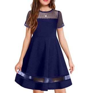 Oudiya Girls Polka Dot Mesh A Line Party Dress with Pockets Navy Size 5 6Y