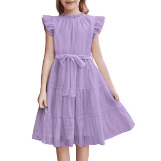 Oudiya Girls Ruffle Sleeve Tiered A Line Party Dress with Belt Purple Size 5 6Y