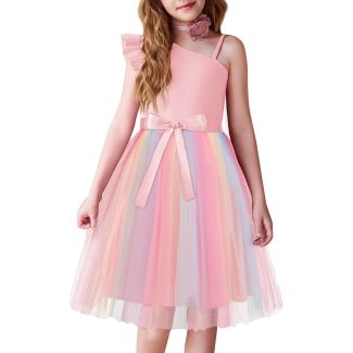 Oudiya Girls One Shoulder Sequin Tulle Party Dress with Belt