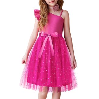 Oudiya Girls One Shoulder Sequin Tulle Party Dress with Belt HotPink Size 5 6