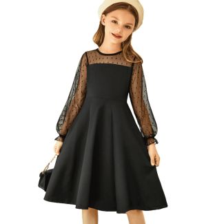 Oudiya Girls Puff Lantern Sleeve Mesh Party Dress with Pockets Black Size 6 7Y