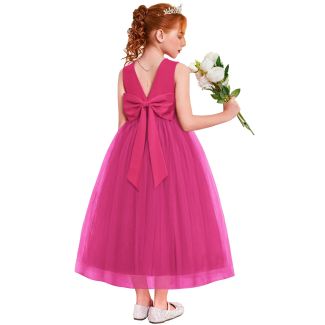 Oudiya Girls Bow Back Three Layer Tulle Formal Dress HotPink Size 4T 5T