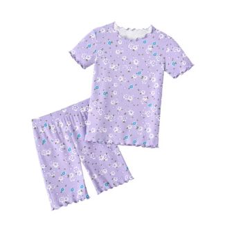 Oudiya Girls Lettuce Trim Short Sleeve Pajama Set Thistle Size 2T