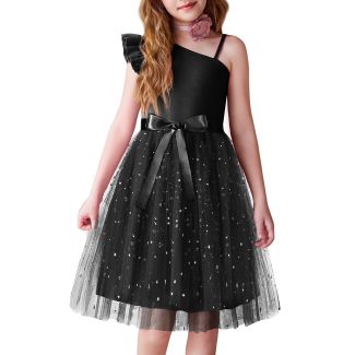Oudiya Girls One Shoulder Sequin Tulle Party Dress with Belt Black Size 14