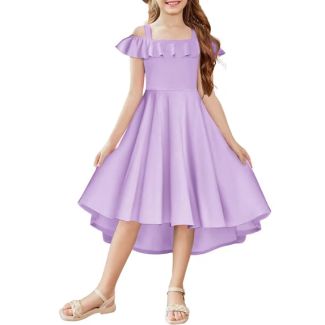 Oudiya Girls Off Shoulder Flutter Sleeve A Line Dress with Pockets Lavender Size 4 5Y