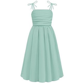 Oudiya Girls Ruched Spaghetti Strap Maxi Sundress with Pockets Green Size 6 7Y