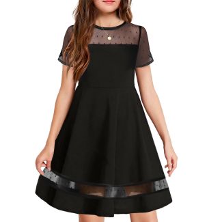 Oudiya Girls Polka Dot Mesh A Line Party Dress with Pockets Black Size 10 11Y