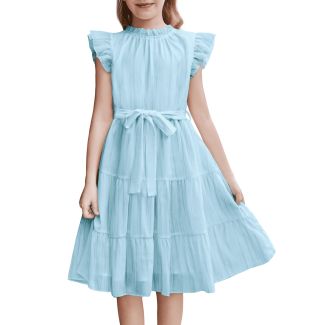 Oudiya Girls Ruffle Sleeve Tiered A Line Party Dress with Belt