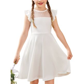 Oudiya Girls Ruffle Sleeve Polka Dot Mesh A Line Dress with Pockets White Size 6 7Y