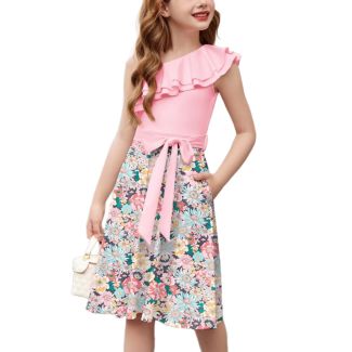 Oudiya Girls One Shoulder Ruffle A Line Party Dress with Belt