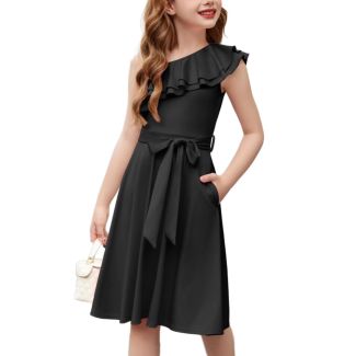 Oudiya Girls One Shoulder Ruffle A Line Party Dress with Belt Black Size 5 6Y