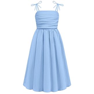 Oudiya Girls Ruched Spaghetti Strap Maxi Sundress with Pockets LightBlue Size 6 7Y