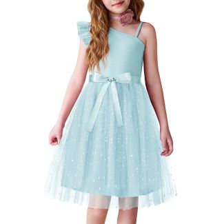 Oudiya Girls One Shoulder Sequin Tulle Party Dress with Belt Blue Size 5 6