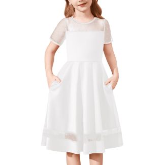 Oudiya Girls Polka Dot Mesh A Line Party Dress with Pockets White Size 5 6Y