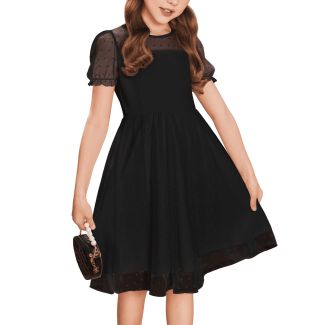 Oudiya Girls Puff Sleeve Polka Dot Mesh A Line Dress