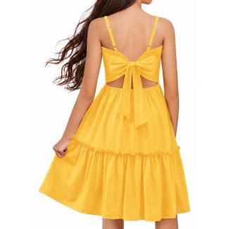 Oudiya Girls Tie Back Ruffle Hem Sundress with Pockets Yellow Size 6 7Y