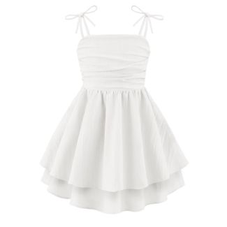 Oudiya Girls Ruched Spaghetti Strap Ruffle Midi Sundress White Size 6 7Y