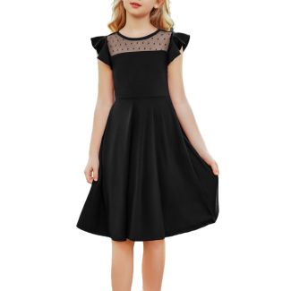 Oudiya Girls Ruffle Sleeve Polka Dot Mesh A Line Dress with Pockets Black Size 6 7Y