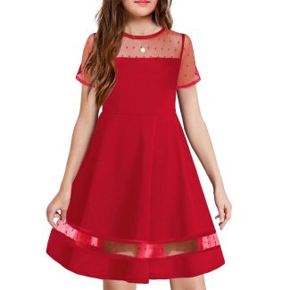 Oudiya Girls Polka Dot Mesh A Line Party Dress with Pockets Red Size 5 6Y
