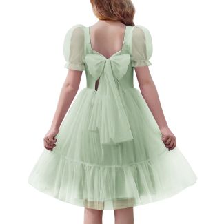 Oudiya Girls Puff Sleeve Tie Back Tulle Party Dress LightGreen Size 6