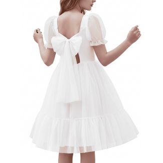 Oudiya Girls Puff Sleeve Tie Back Tulle Party Dress White Size 6