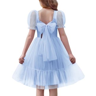 Oudiya Girls Puff Sleeve Tie Back Tulle Party Dress LightBlue Size 6