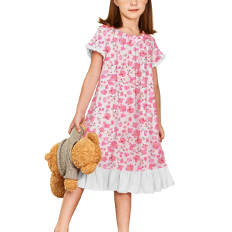 Oudiya Girls Ruffle Hem Bow Nightgown MistyRose Size 3T 4T