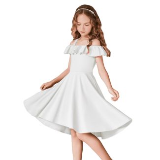 Oudiya Girls Off Shoulder Flutter Sleeve A Line Dress with Pockets White Size 4 5Y