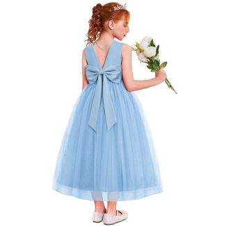 Oudiya Girls Bow Back Three Layer Tulle Formal Dress LightBlue Size 4T 5T
