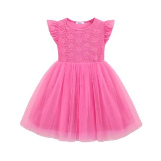 Oudiya Toddler Girls Ruffle Sleeve Three Layer Tulle Tutu Dress HotPink Size 2T