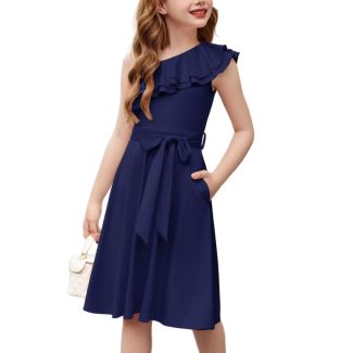 Oudiya Girls One Shoulder Ruffle A Line Party Dress with Belt Navy Size 5 6Y