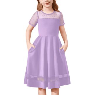 Oudiya Girls Polka Dot Mesh A Line Party Dress with Pockets Purple Size 5 6Y
