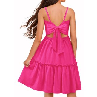 Oudiya Girls Tie Back Ruffle Hem Sundress with Pockets HotPink Size 6 7Y