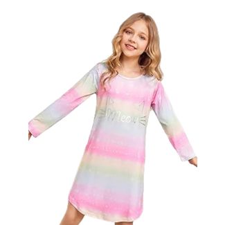 Oudiya Girls Long Sleeve Printed Nightgown Violet Size 4 5Y
