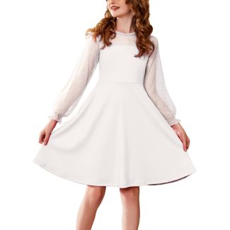 Oudiya Girls Puff Lantern Sleeve Mesh Party Dress with Pockets White Size 6 7Y