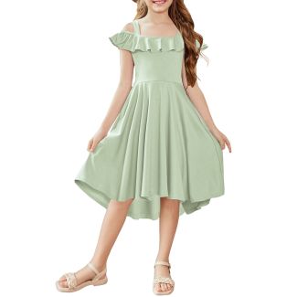 Oudiya Girls Off Shoulder Flutter Sleeve A Line Dress with Pockets DarkSeaGreen Size 4 5Y