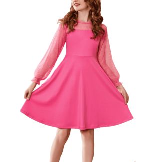 Oudiya Girls Puff Lantern Sleeve Mesh Party Dress with Pockets HotPink Size 6 7Y