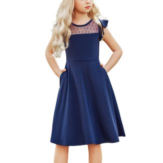 Oudiya Girls Ruffle Sleeve Polka Dot Mesh A Line Dress with Pockets Navy Size 6 7Y
