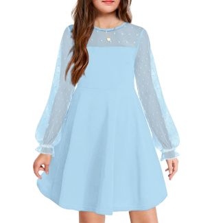 Oudiya Girls Puff Lantern Sleeve Mesh Party Dress with Pockets LightBlue Size 6 7Y