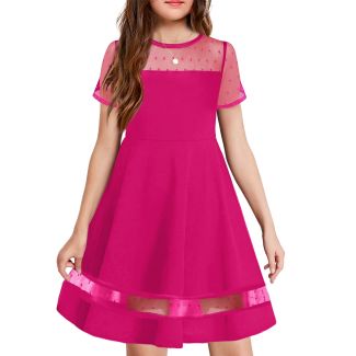 Oudiya Girls Polka Dot Mesh A Line Party Dress with Pockets HotPink Size 7 8Y