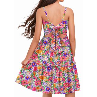 Oudiya Girls Tie Back Ruffle Hem Sundress with Pockets Violet Size 6 7Y